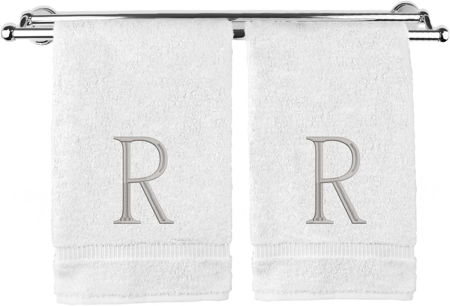 Monogrammed Hand Towel, Personalized Initial Gift, Extra Absorbent 100% Turkish Cotton - Soft Terry Finish - Set of 2 - Silver Block Initial R - Embroidered on White Towels