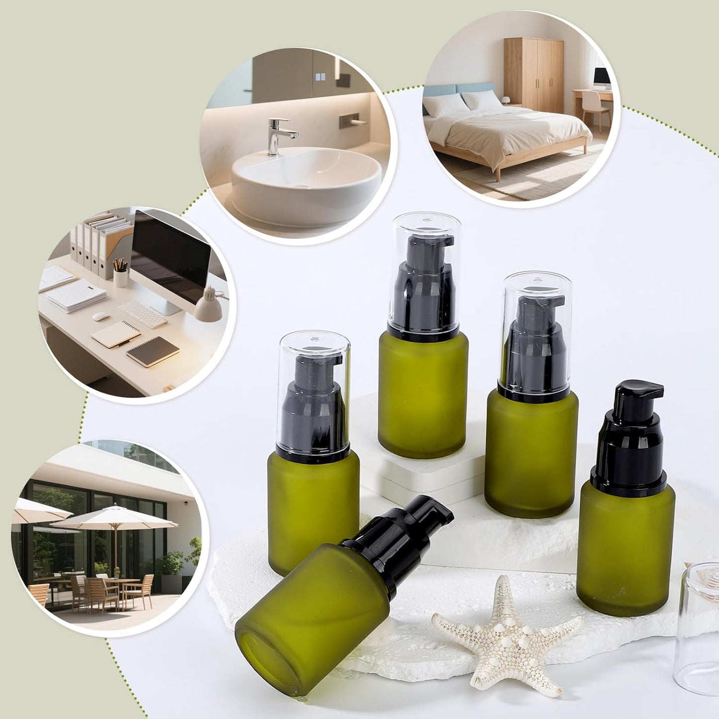 Segbeauty 1oz Frosted Glass Empty Travel Size Containers for Creams, 5pcs Refillable Lotion Pump Bottle Dispenser, 30ml Small Liquid Travel Containers, Green Mini Lotion Container Pump Dispensers