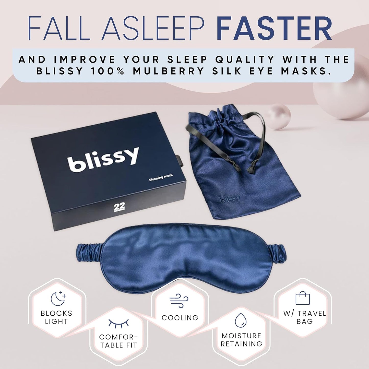 Blissy Silk Sleep Mask - Silk Eye Sleeping Mask for Women & Men for Total Blackout - 100% Pure Mulberry Silk, 22 Momme 6a Fibers - Blindfold Silk Sleep Mask Side Sleeper Eye Cover (Blue)