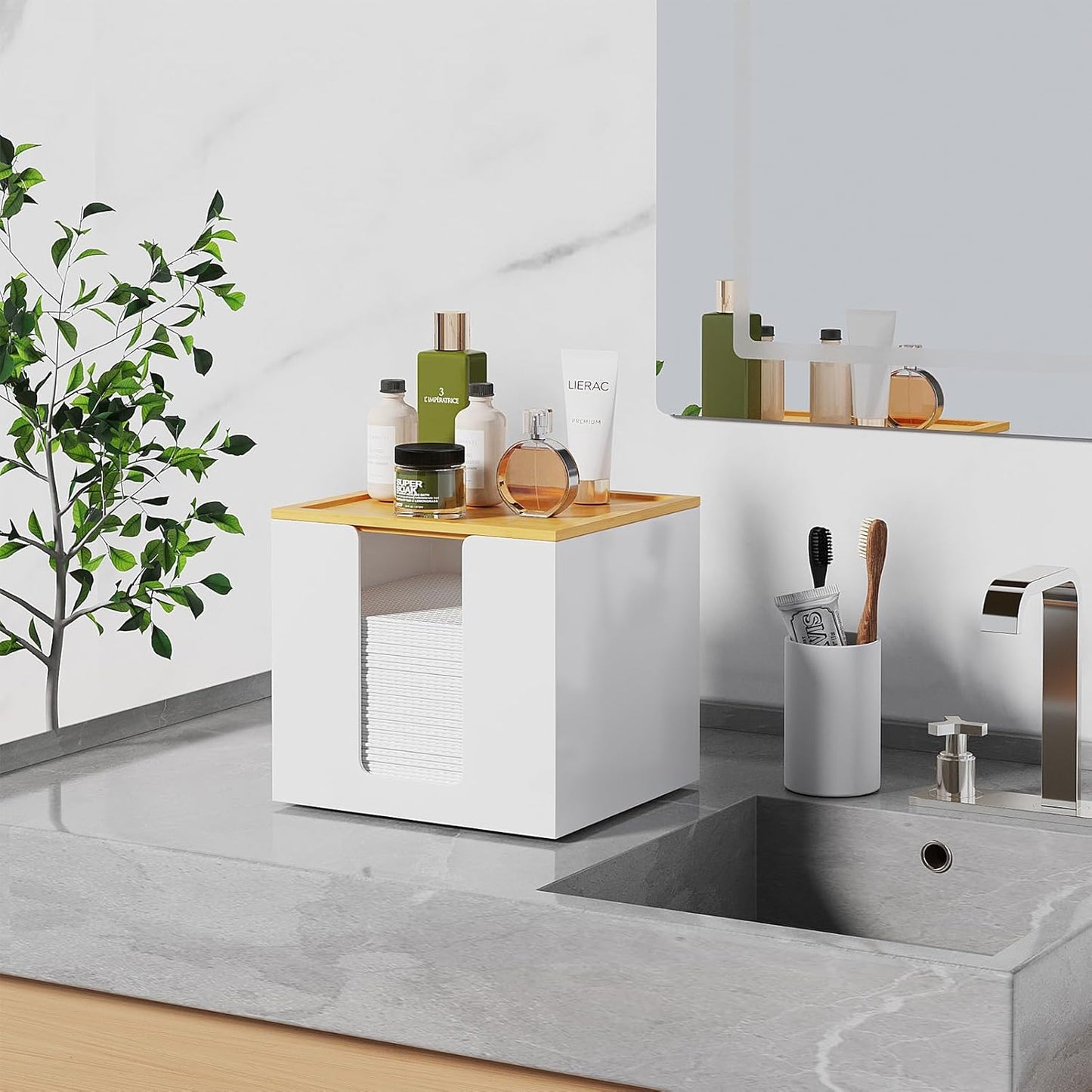 VITVITI Disposable Face Towel Holder Containers, Metal Iron Facial Clean Towels Box for XL Clean Skin Club, Large Capacity With Bamboo Lid for Bathroom, White