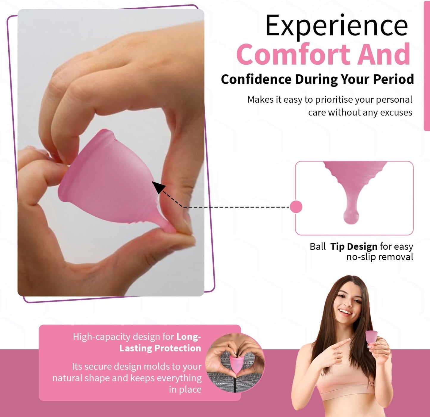 Angel's Peel Lounge Menstrual Cup for Women - 100% Medical-Grade Leak-Free Soft & Flexible Silicone Cup - 12 Hour Leak Protection Eco-Friendly & Reusable Period Cups for Women - Pink - Large