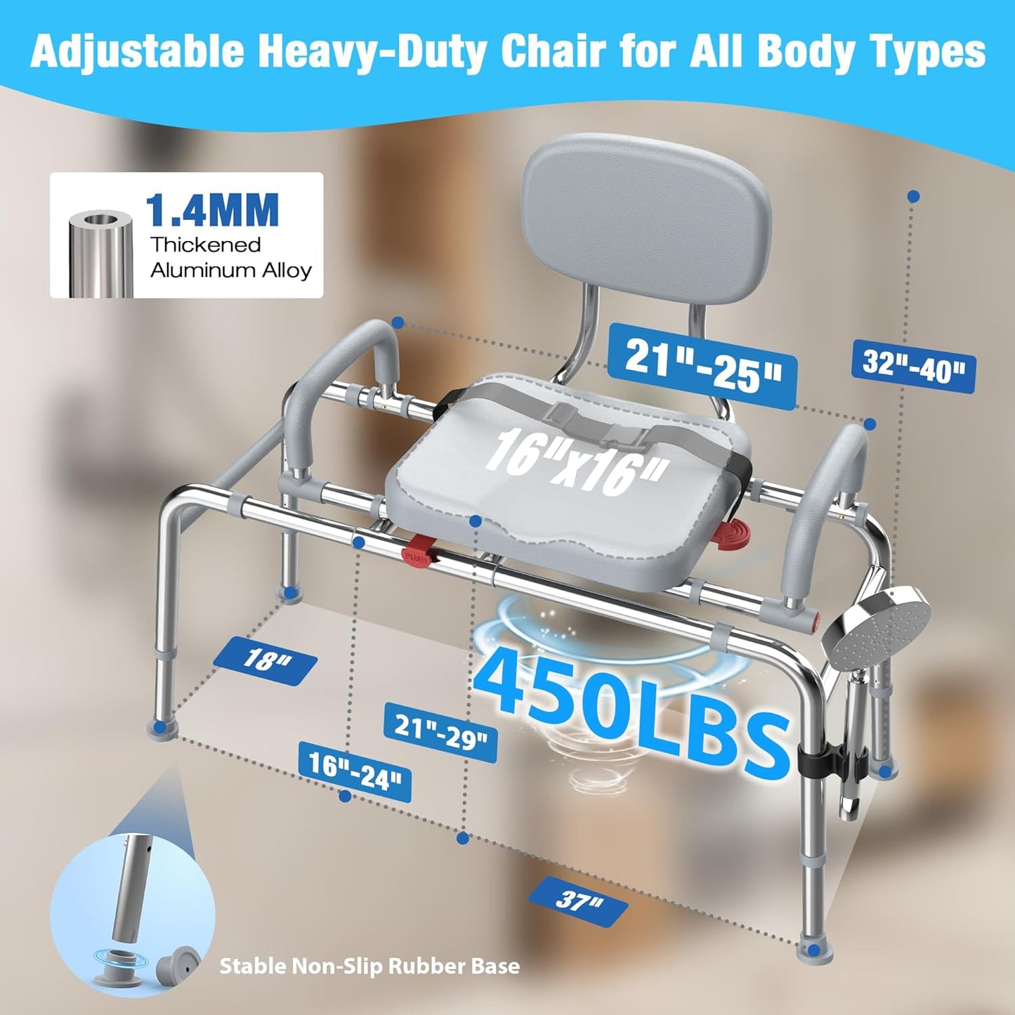 Sliding Shower Chair Tub Transfer Bench with 360°Swivel Seat,Anti-Slip Design,with Security Belt for Elderly and Disabled,Adjustable Height with one Touch Slide Button,Gray