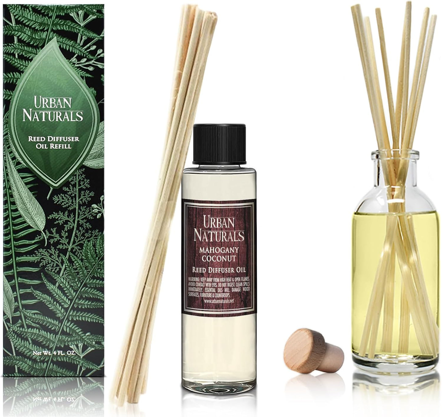 Urban Naturals Reed Diffuser Oil Refill, Mahogany Coconut Diffuser Oils with Sandalwood, Coconut, Oakmoss, 4 oz + Free Reed Sticks, Made in The USA