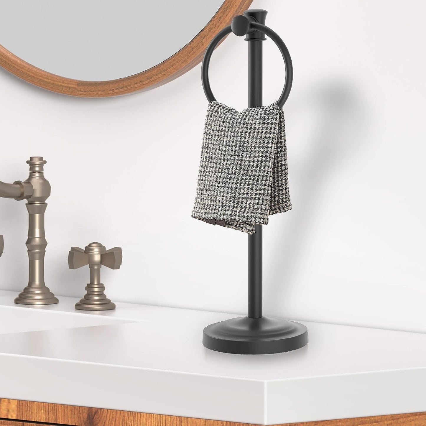 Hoimpro 17 Inch Stand Hand Towel Holder Towel Bar Towel Hanging Ring, Free Standing Floor Hand Towel Rack Storage for Bathroom Kitchen Vanity Countertops, Hardware Accessories(Matte Black)