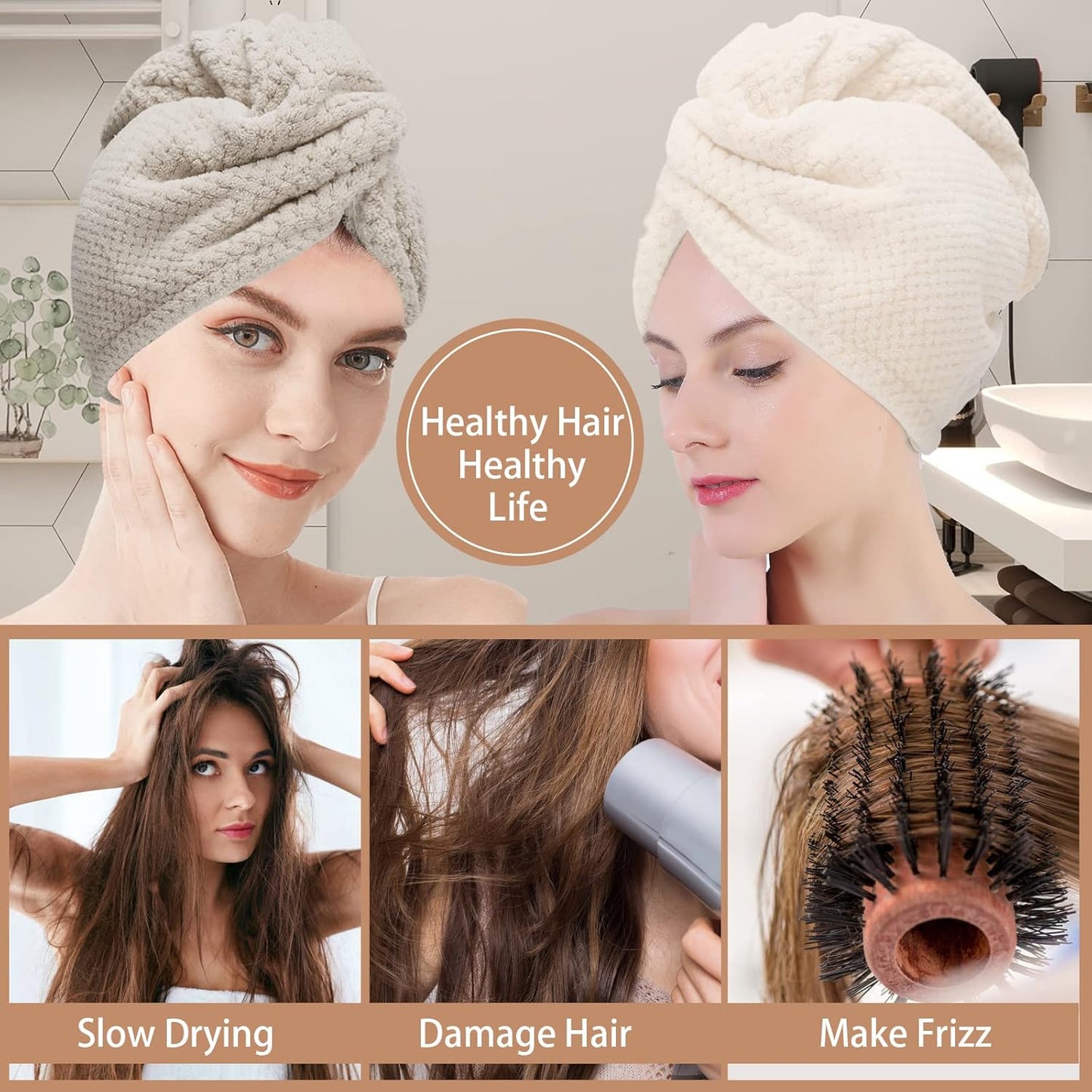 3 PCS Microfiber Hair Towel - Wraps for Wet Hair, Anti Frizz Turbans, for Curly Hair (Beige, Khaki, Grey)