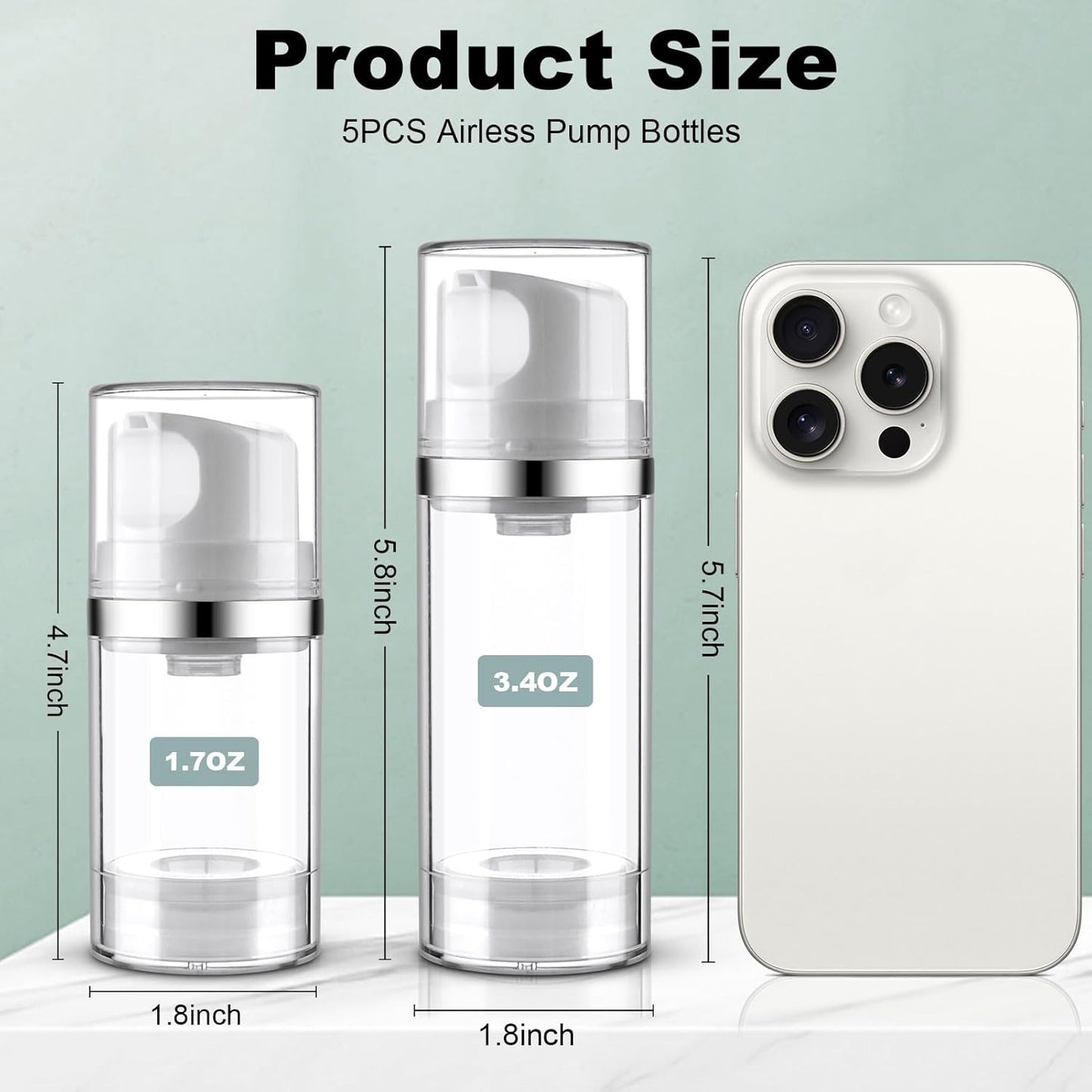 Airless Pump Jar 3.4oz/100ml 5 Pack Airless Pump Bottles Empty Moisturizer Pump Dispenser Travel Pump Bottles for Lotion Toiletries Shampoo Cream with Labels(Clear)