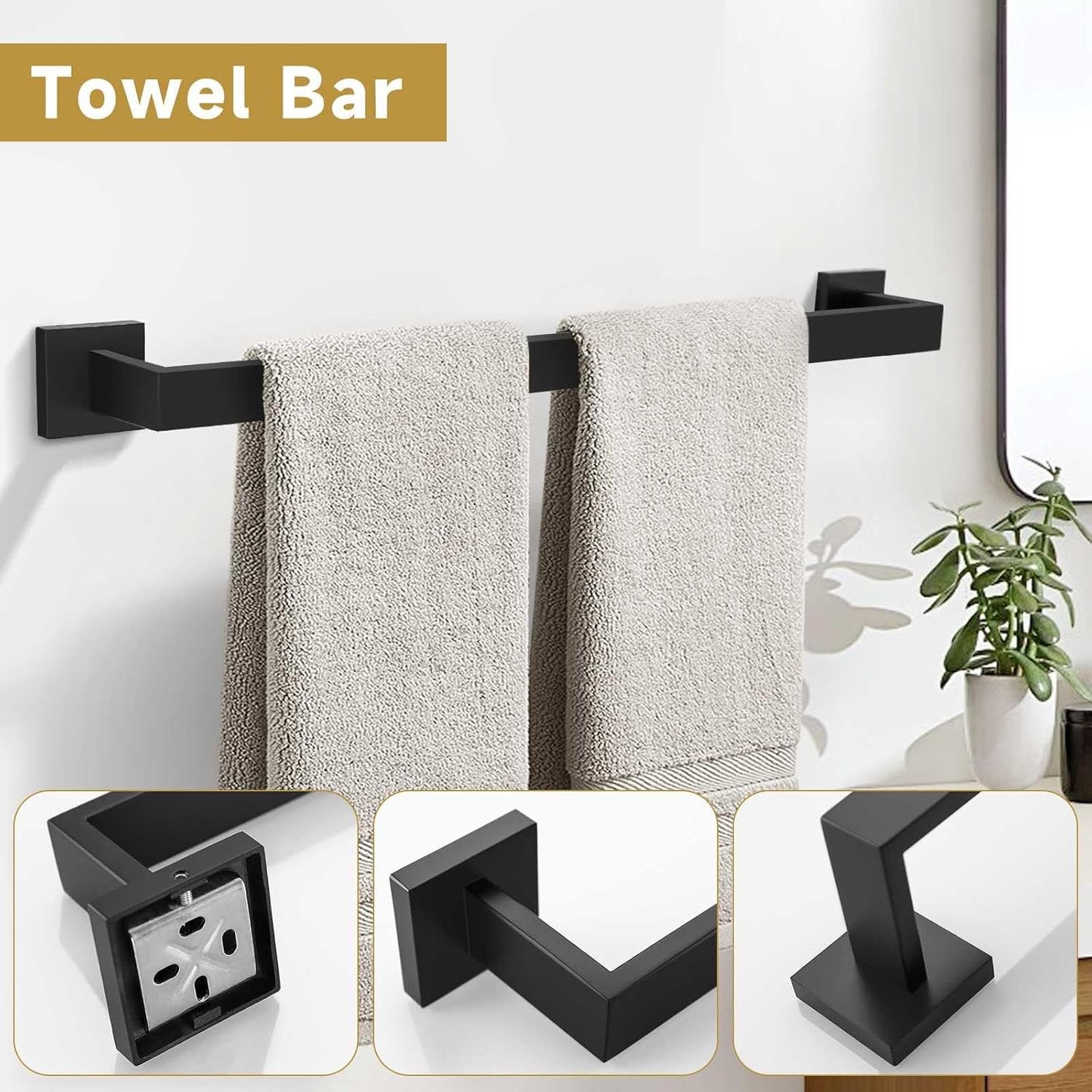 5 Pieces Bathroom Hardware Accessories Set Matte Black Towel Bar Set Towel Holder Racks Set for Bathroom,SUS304 Stainless Steel,Wall Mounted 23.6-Inch