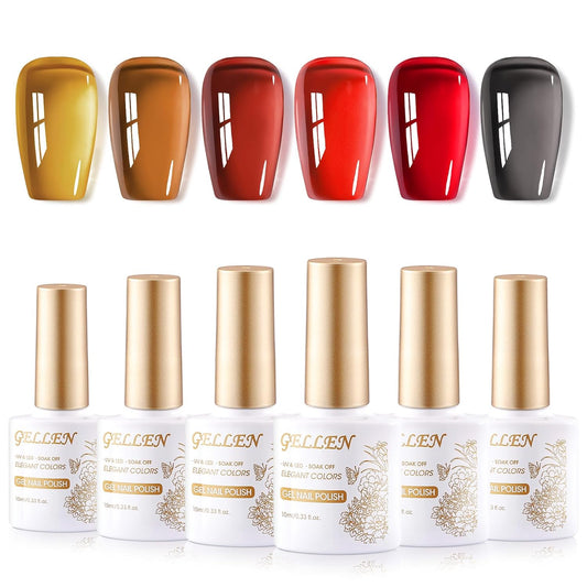 GELLEN Jelly Nail Polish Gel, Sheer Glass Gel Polish Bright Neon Red Brown Clear 6 Colors Set for Natural Acrylic Nails Salon Home, No Wipe, Soak Off, Chip Resistant, Non-toxic