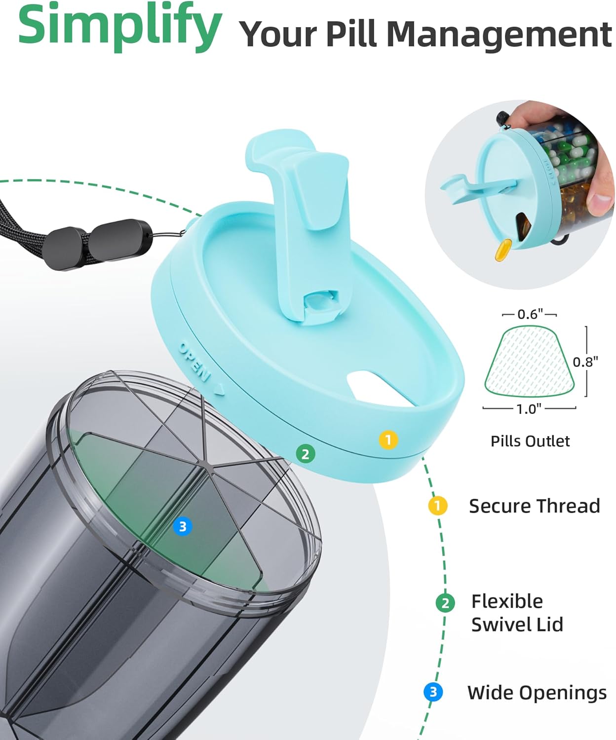 PULIV Large Supplement Organizer Bottle, Holds Plenty of 6 Various Vitamins in 1 Pill Dispenser with Anti-Mixing & Wide Openings Design, Easy to Retrieve Meds, Includes 20 Pcs Stick-on Labels Cyan