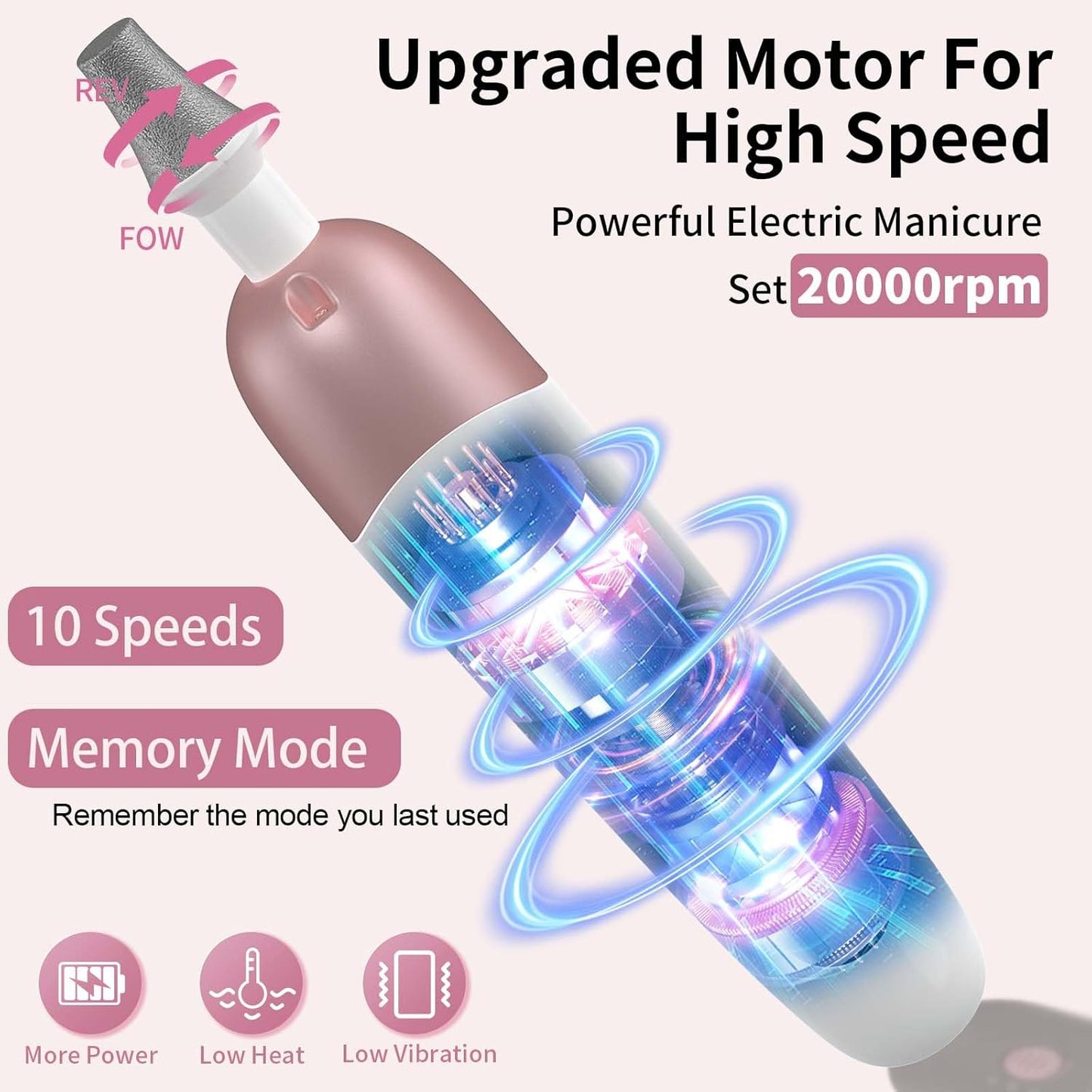 Cordless Electric Nail File Set, Professional Manicure Pedicure Kit with Memory Modes, 10 Speed Portable Nail Drill Machine, Pedicure Tools for feet, Hand Foot Care Tool for Thick Nail Toenail Cuticle