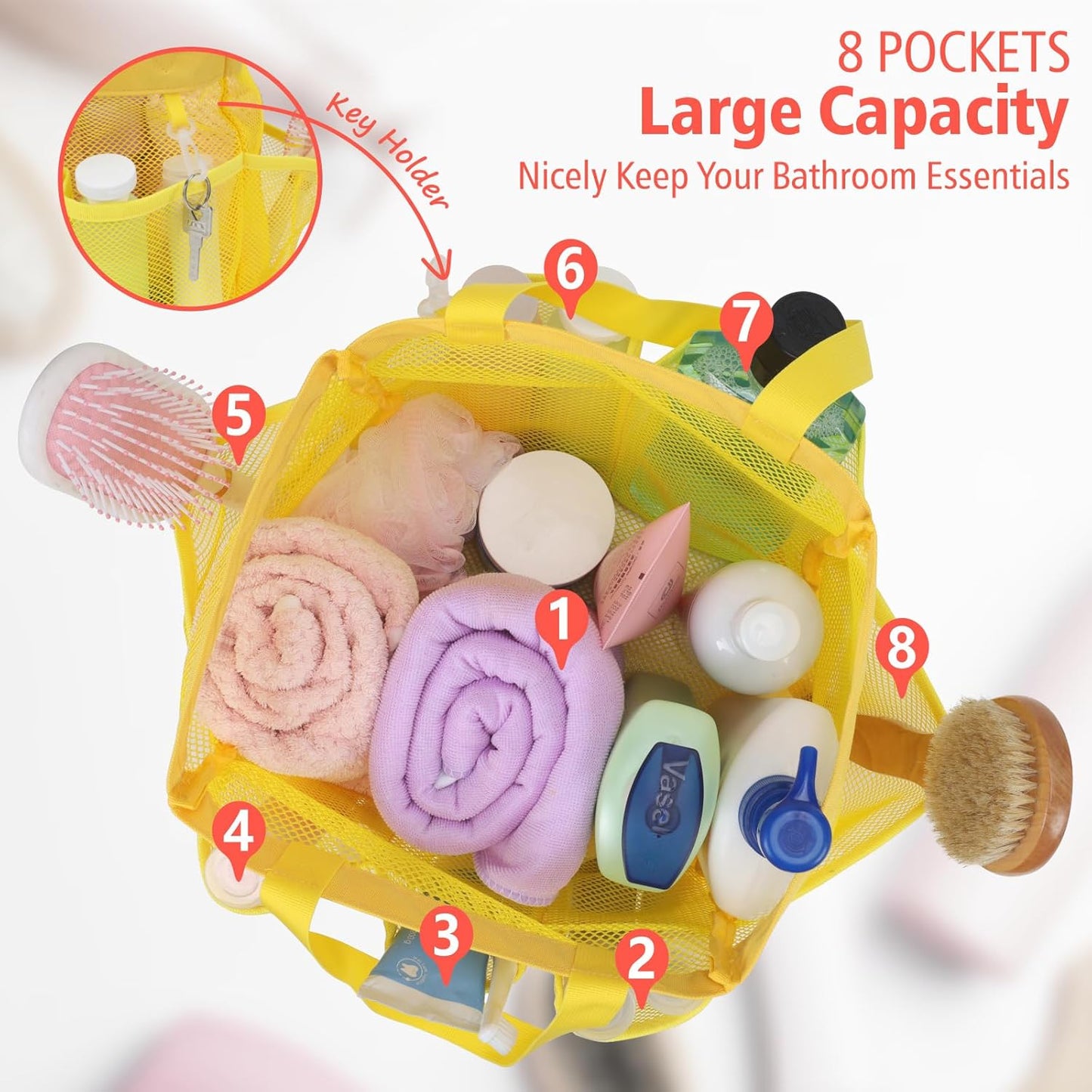 F-color Mesh Shower Caddy Portable, Upgrade Deeper 7 Pockets Shower Bag Basket Tote for College Dorm Room Toiletry Bathroom Essentials Gym Camp Quick Dry 2 handles with S Hook, Yellow