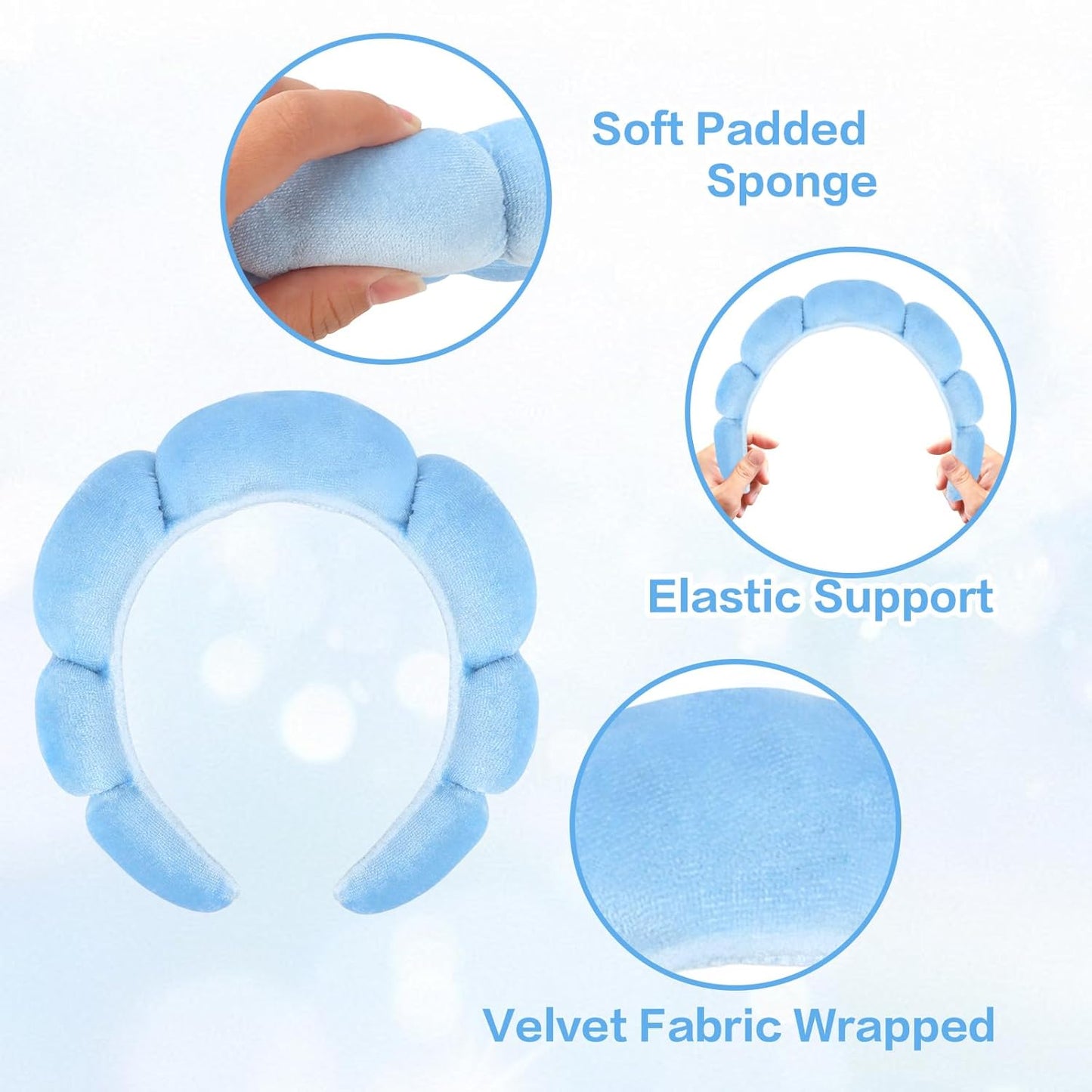 CAVETEE Spa Headband for Washing Face, Sink Care Headband for Women Sponge Bubble Makeup Head band for Women, Soft Velour Hair Accessoriesfor Girls (Blue, one size)