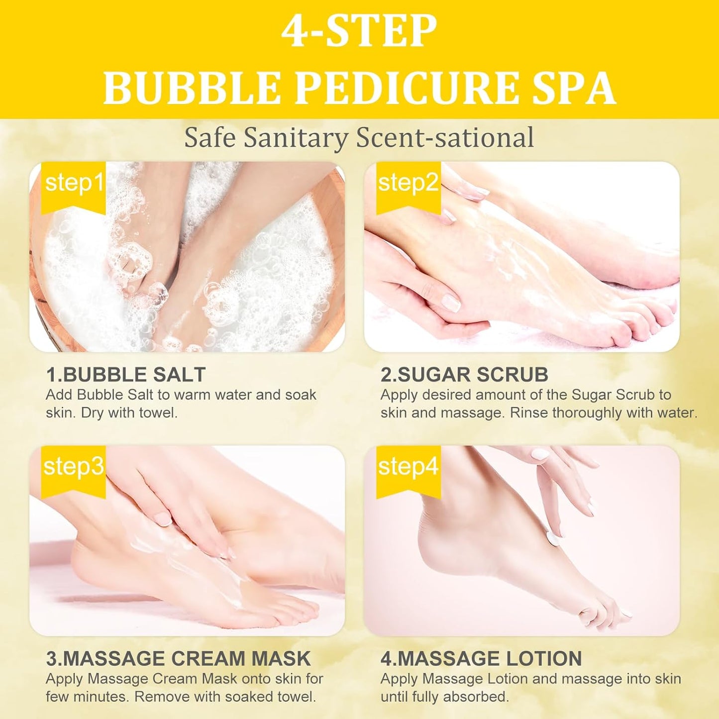 Pedicure Kit Foot Soak Set: Bubble Salt, Sugar Scrub, Massage Mask, Massage Lotion in a Box, 4 Step Foot Spa Kit for Dry Feet, Calluses and Tired Feet(3 Set Milky Flower)