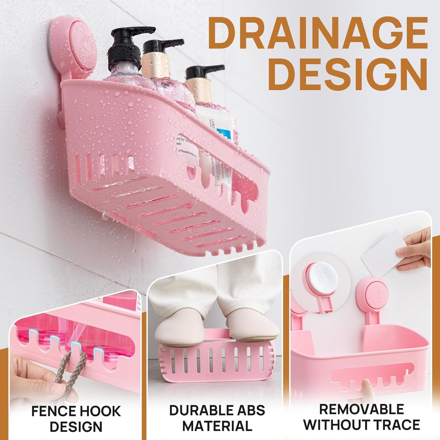 LEVERLOC Shower Caddy Suction Cup, Shower Organizer Removable Bathroom Shelf, Storage Suction Powerful Max Hold 22lbs Bathroom Caddy Waterproof Holder, Pink