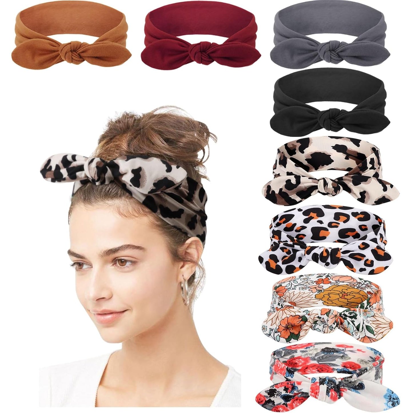 DRESHOW 8 Pack Adjustable Knotted Headbands Non Slip Elastic Yoga Hair Bands Solid Colors Headbands for Women and Girls
