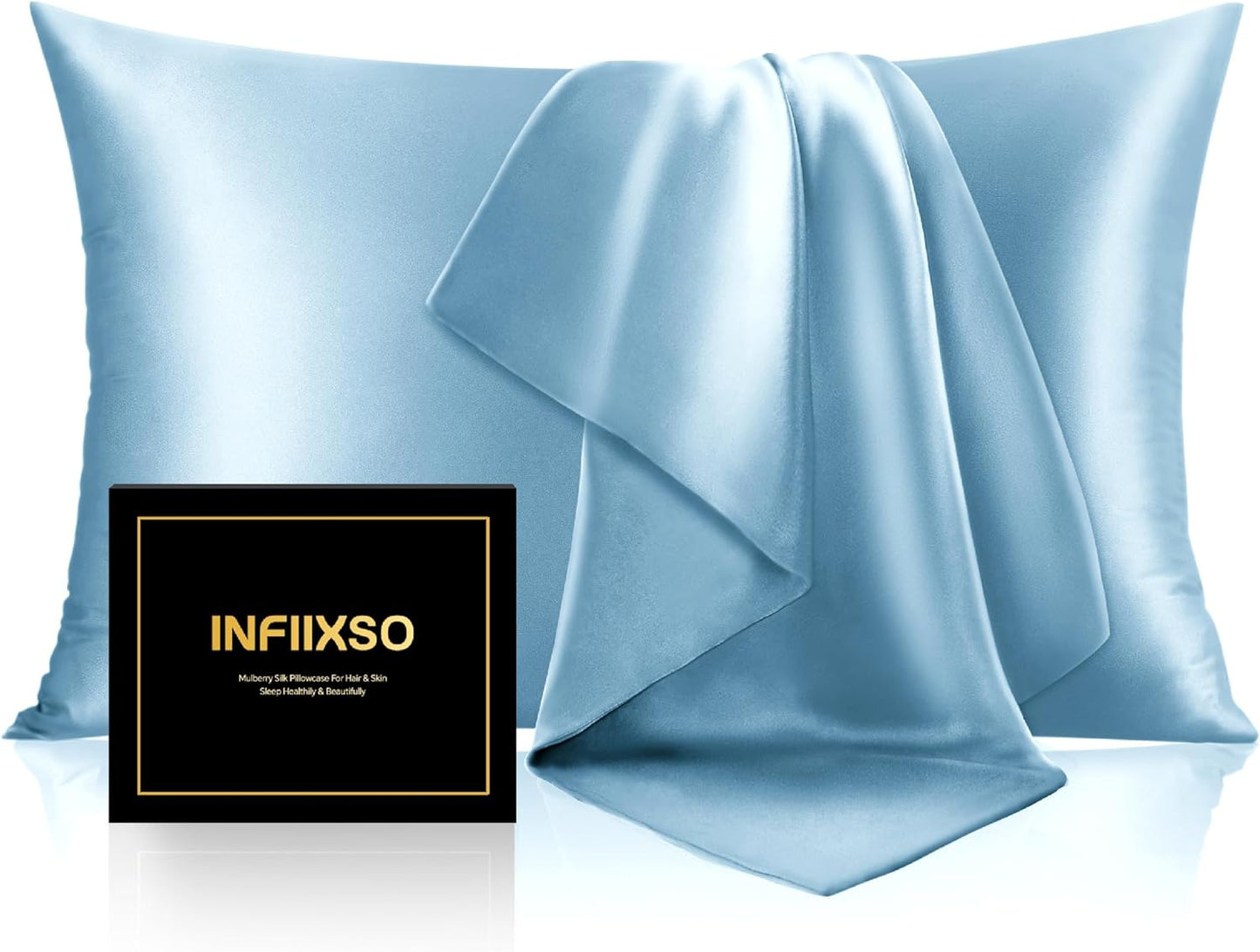 INFIIXSO Mulberry Silk Pillowcase for Hair and Skin, Silk Pillow Cases Queen Size with Hidden Zipper 20x30 Inches, Super Smooth and Soft Cooling Pillow Cases for Hot Sleepers(Light Blue, 1 Pack)