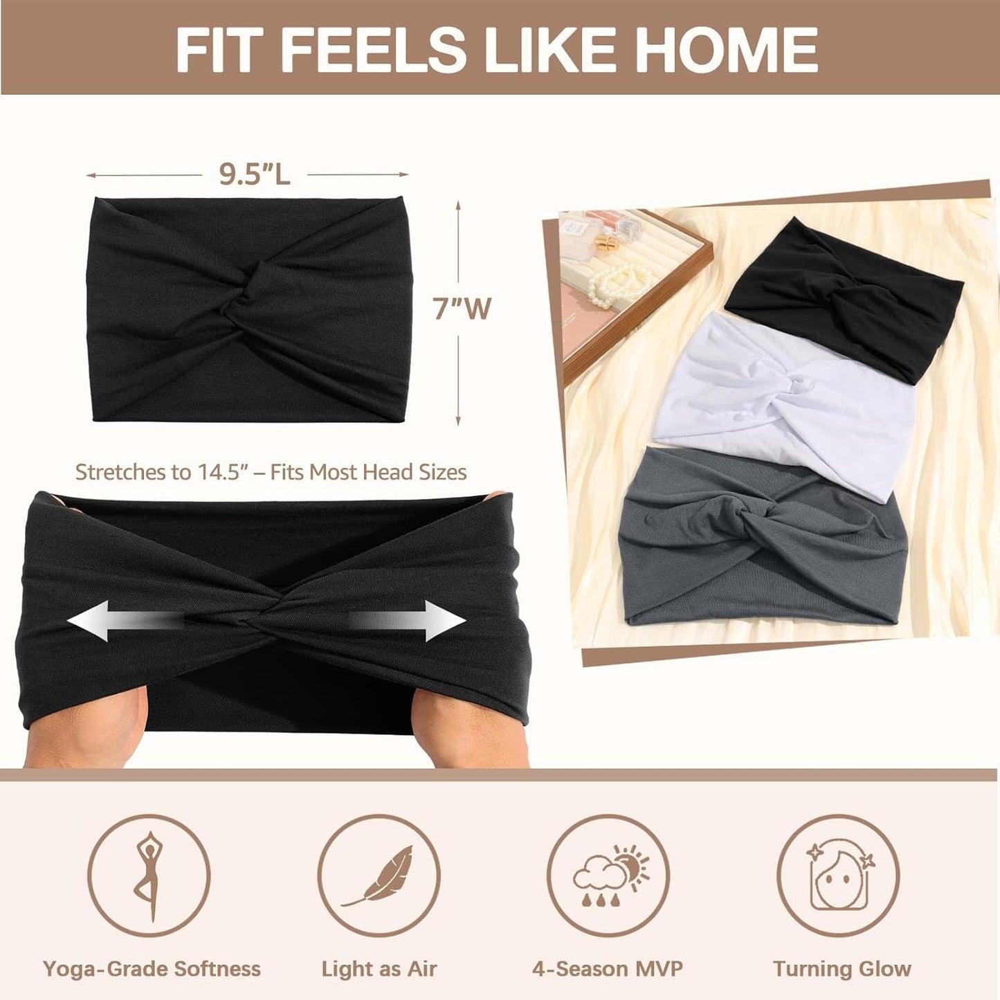 Wide Headbands for Women Knotted No Slip Head Bands Soft Turban Headband Hair Accessories Boho African Solid Color Head Wraps for Women Yoga Workout Pack of 6（Brown）