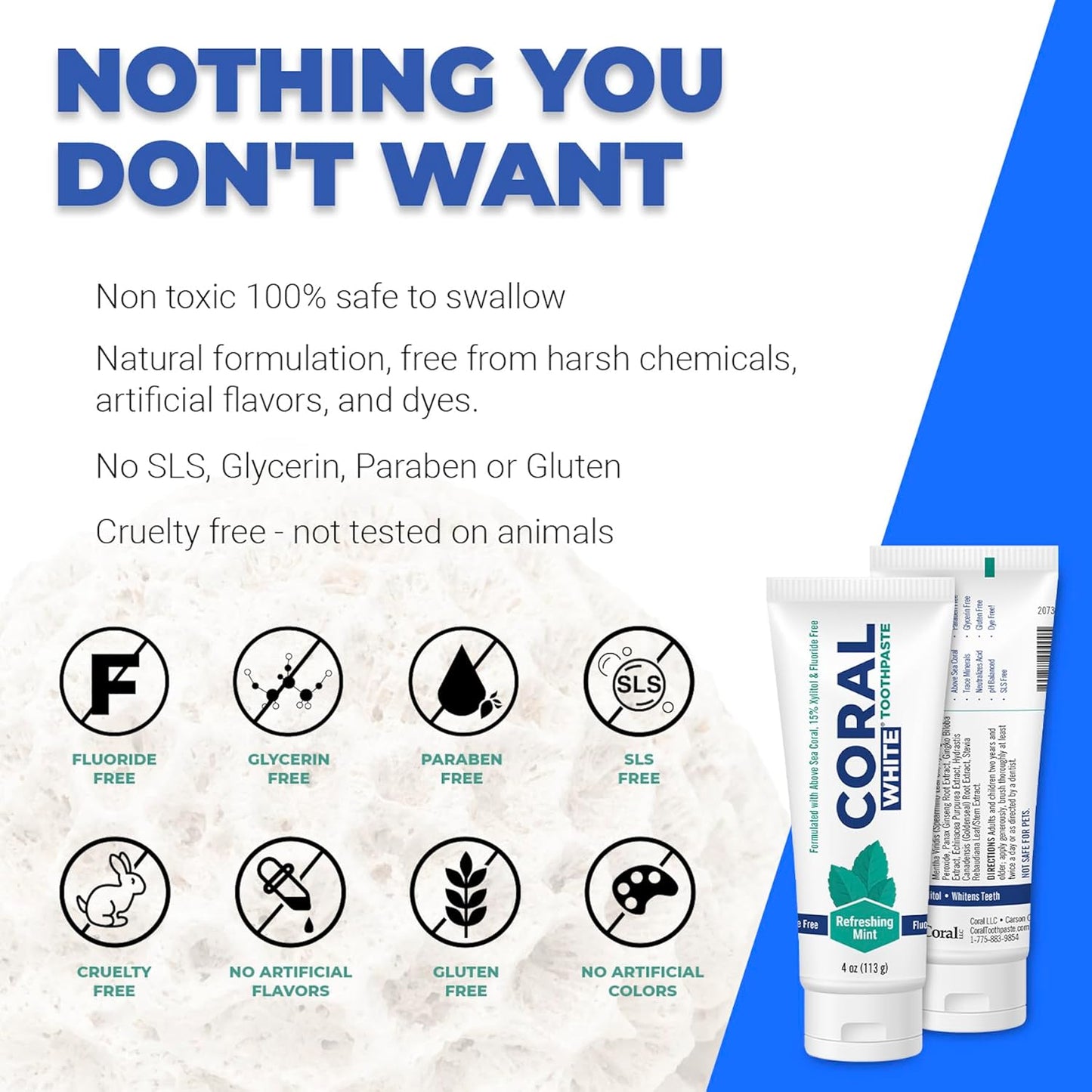 Coral White - Coral White Mint Toothpaste Natural Fluoride SLS Free Coral Calcium Remineralizing Toothpaste 4 Ounce (2 Pack)