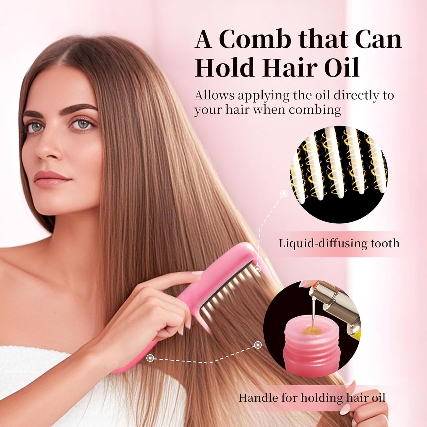 Hair Oil Applicator Comb with 5ml Dispenser, Mess-Free Brush Oiling Tool for Quick Even Application, Scalp Care Comb with Scale Container Handle for Thin/Straight Hair for Women Girls (Pink)