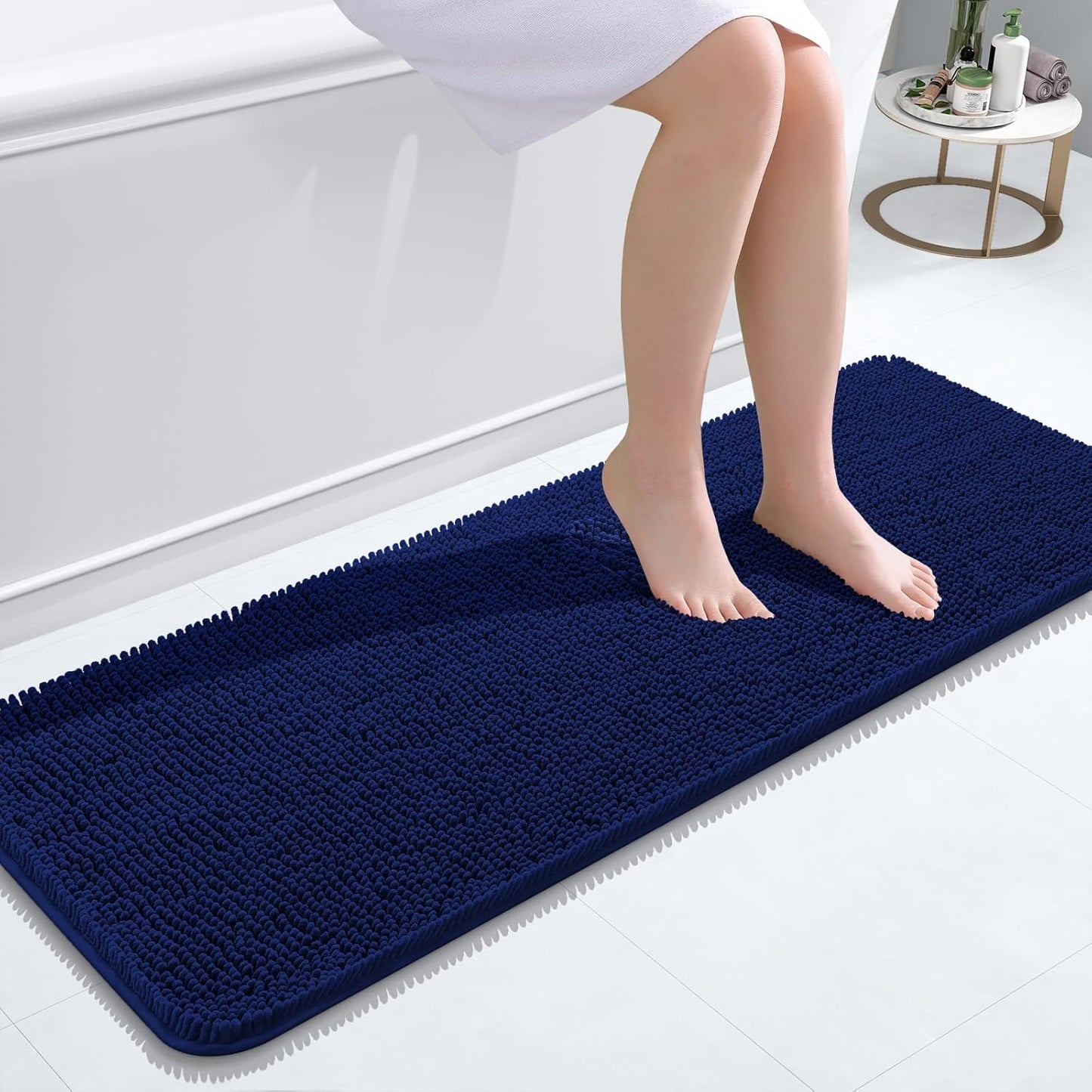 OLANLY Bathroom Rugs 47x17, Extra Soft Absorbent Chenille Bath Rugs, Rubber Backing Quick Dry, Machine Washable Bath Mats for Bathroom Floor, Tub and Shower, Home Decor Accessories, Navy