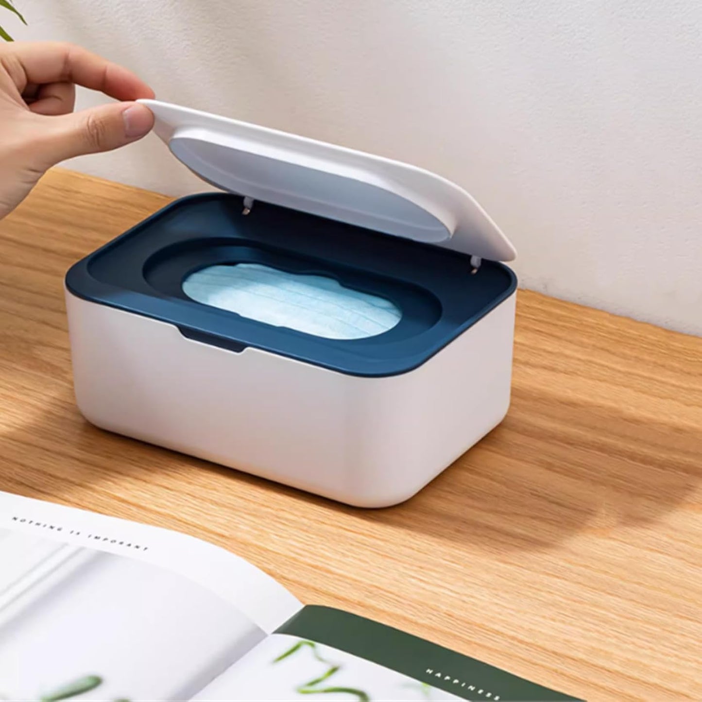 Wipes Dispenser with 2Pcs Portable Refillable Wipe Holder,Reusable Large Wipe Holder Box Flushable Wipes Case Bathroom Wipes Container for Pet Nursery Kitchen Office Counter(White-Blue)