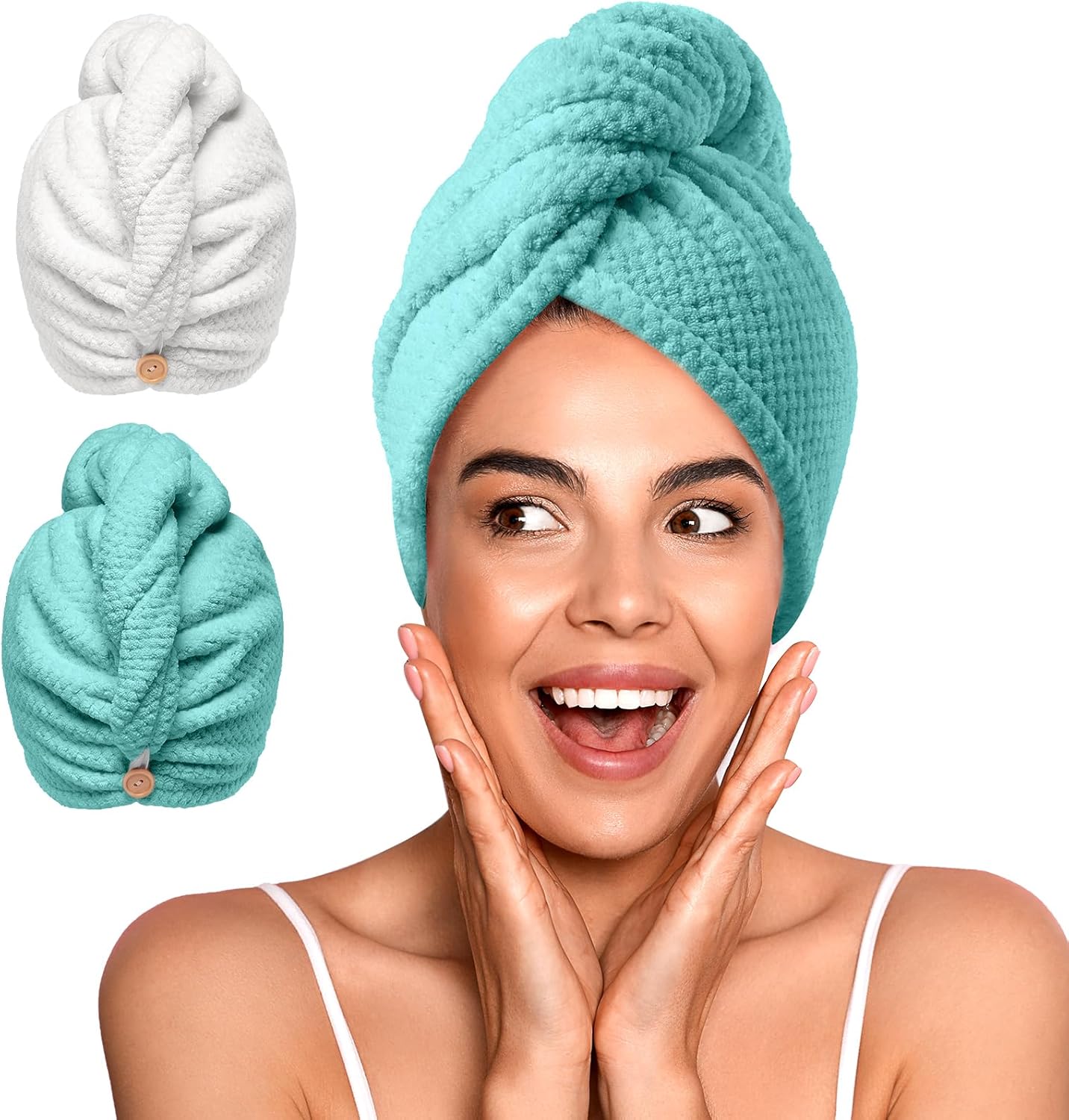 YFONG 2 Pack Microfiber Hair Towel Wrap for Women, Super Absorbent Quick Dry Hair Turban for All Hair Style Anti Frizz, Large Hair Drying Towel with Button