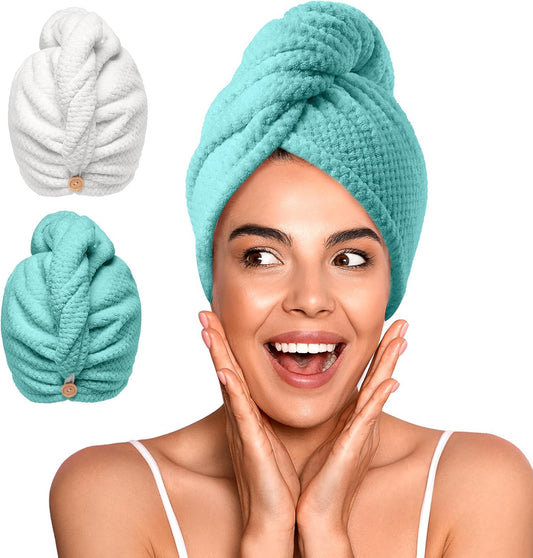 YFONG 2 Pack Microfiber Hair Towel Wrap for Women, Super Absorbent Quick Dry Hair Turban for All Hair Style Anti Frizz, Large Hair Drying Towel with Button