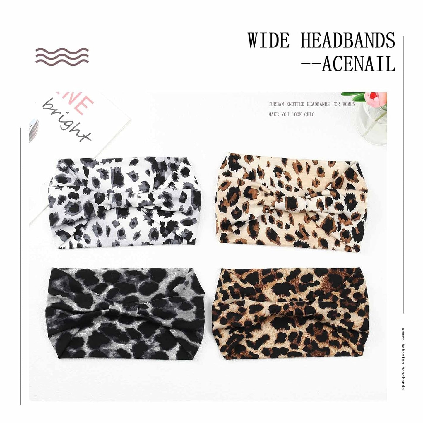 Acenail Wide Headbands Women Knotted Turban Headband Elastic Non Slip Hairbands Boho Head Wraps Workout Leopard Yoga Cotton Hair Scarfs Fashion Hair Accessories for Women 4Pcs (Leopard)