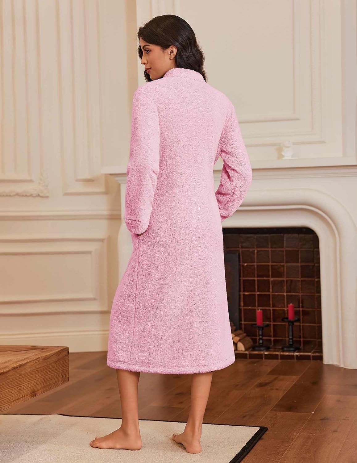 Ekouaer Women's Zip Up Robe Fleece Bathrobe Long Zipper Lounger Warm Housecoat Long Sleeve Nightgown with Pockets S-XXL