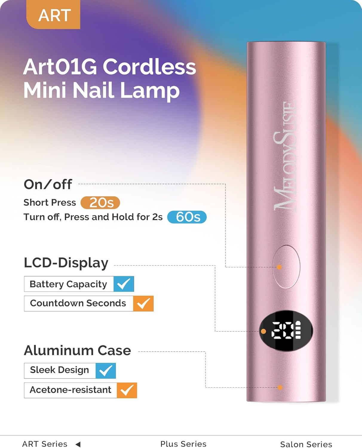 MelodySusie Handheld UV Light for Gel Nails, 2025 Upgraded ART01G Cordless Gel X Nail Lamp, Rechargeable Flash Cure Nail Lamp, Pink