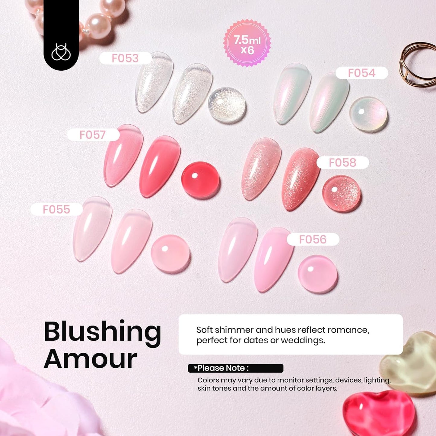 Beetles Rubber Base Gel, Nude Pink 6 Color Base Gel Polish Set, 5-in-1 Strengthening, Repairing & Smoothing Nail Base with Natural Nude Color, Self-Leveling Nail Art Manicure Gift for Women