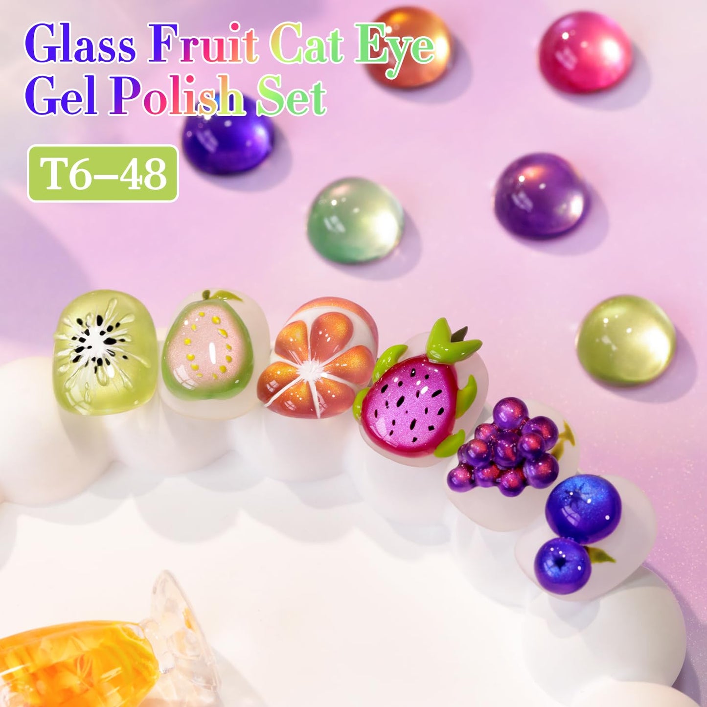 Double Rhythm Fruit Cat Eye Gel Nail Polish Set of 6 Same Color Same Bottle 0.5 Oz Shimmer Glitter with Magnet Holographic Reflective Magnetic UV Polish Kit at Home (Glass Rose Pink Green-T6-48)