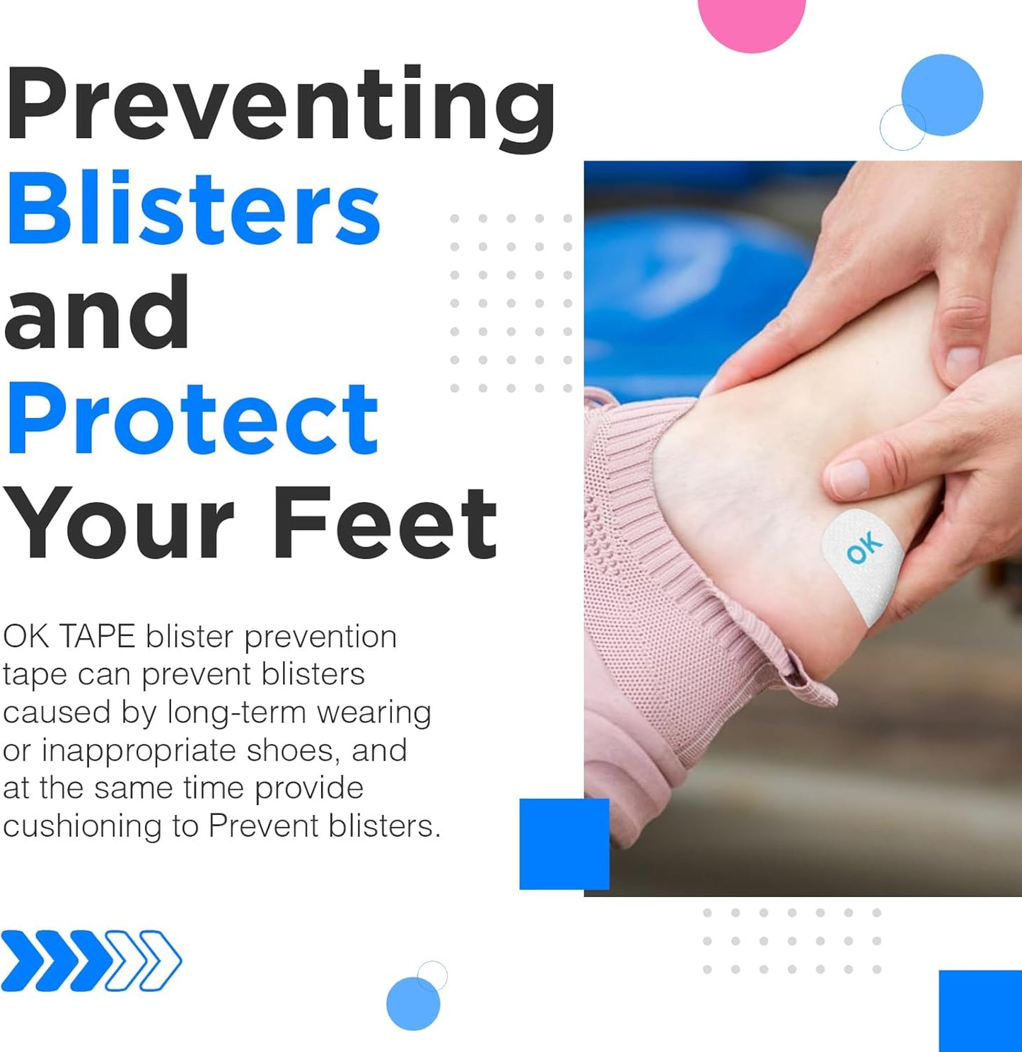 OK TAPE Pre-Cut Blister Bandages for feet | Blister Prevention Tape for Feet, Fingers, Toes | 1.2in x 3.5in,White,40pcs