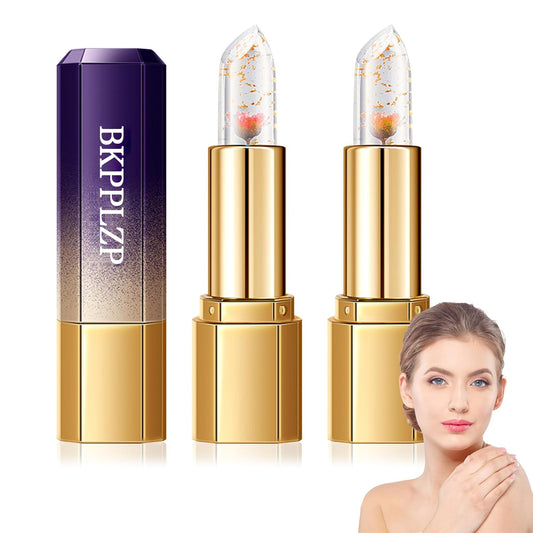 2 Pack Crystal Flower Jelly Lipstick,Magic Color Changing Lipstick,PH Clear Temperature Color Changing Lip Gloss,Lip Balm,Long Lasting Nourishing Moisturizing Lip Stick Set H02+03