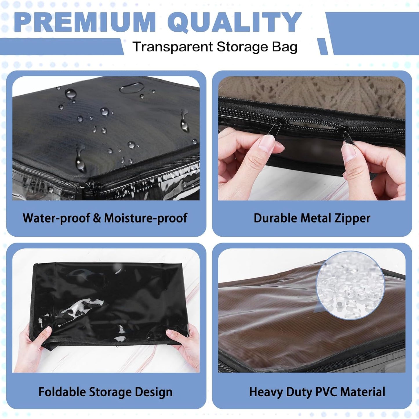 Clear Zippered Storage Bags Plastic Sweater Storage Bags with Zipper 6 Packs Clothing Organizer for Blankets Linen Sweater Bed Sheet Quilt Clothes Pillow (15.7 x 13.8 x 3.9 Inch, Black)