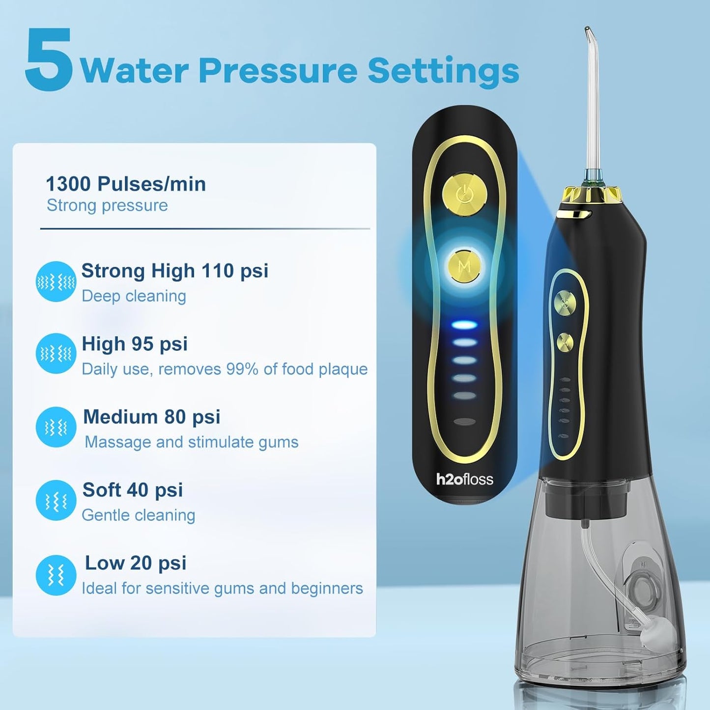H2ofloss Water Dental Flosser Teeth Pick -Portable Oral Irrigator with 5 Modes, Rechargeable IPX7 Waterproof Orthodontic Teeth Cleaner Pick Cordless for Home Travel-300ml Water Tank Gold