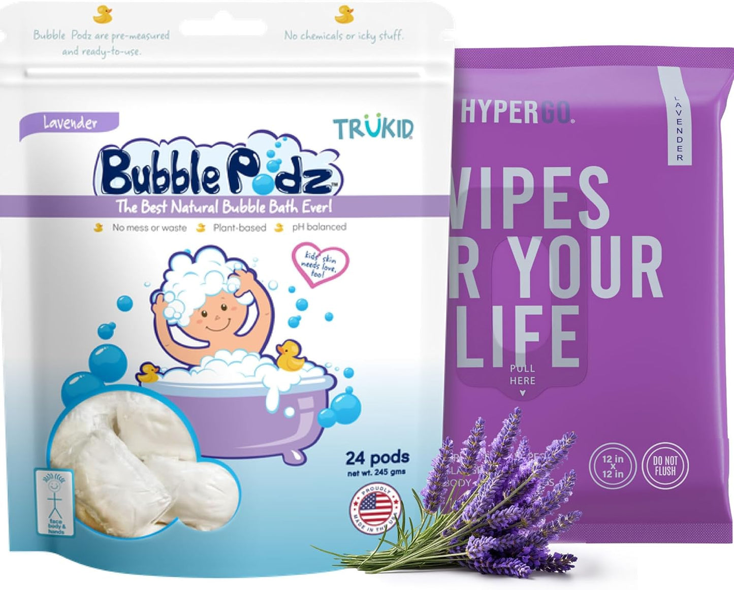 TruKid Bubble Podz & HyperGo Body Wipes Bundle - Lavender 20ct Wipes for Camping, Post Workout Bathing for Adults 12"x12" XL & Lavender 24ct Kids Bubble Bath for Toddlers 1-3, Baby & Kids