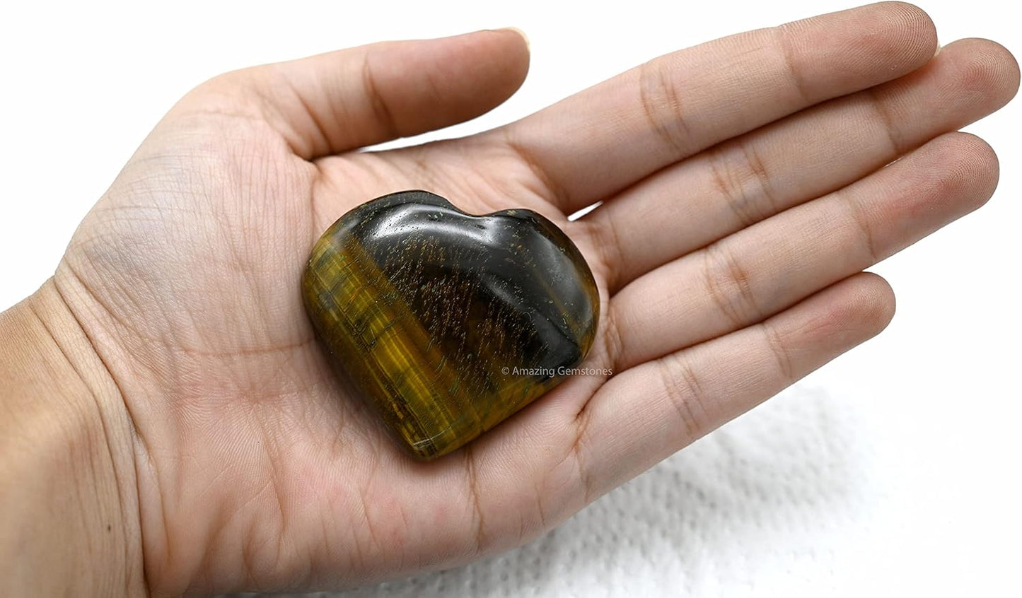 Tiger Eye Crystal Heart Palm Stone - Pocket Massage Worry Stone for Natural Body Chakra Balancing, Reiki Healing and Crystal Grid