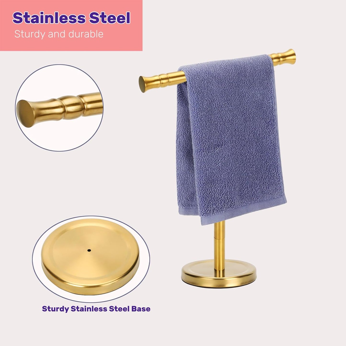 Gold Hand Towel Holder Stand for Bathroom Vanity Countertop SUS304 Stainless Steel T-Shape Free Standing Towel Rack Stand Towel Bar for Bathroom Kitchen