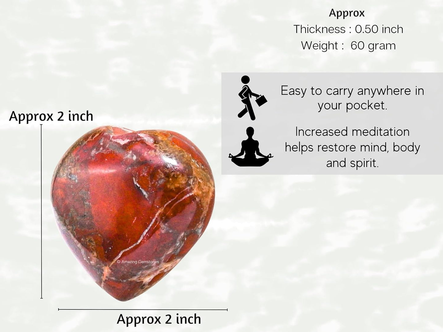 Amazing Gemstone Brecciated Jasper Crystal Heart Palm Stone - Pocket Massage Worry Stone for Natural Body Chakra Balancing, Reiki Healing and Crystal Grid