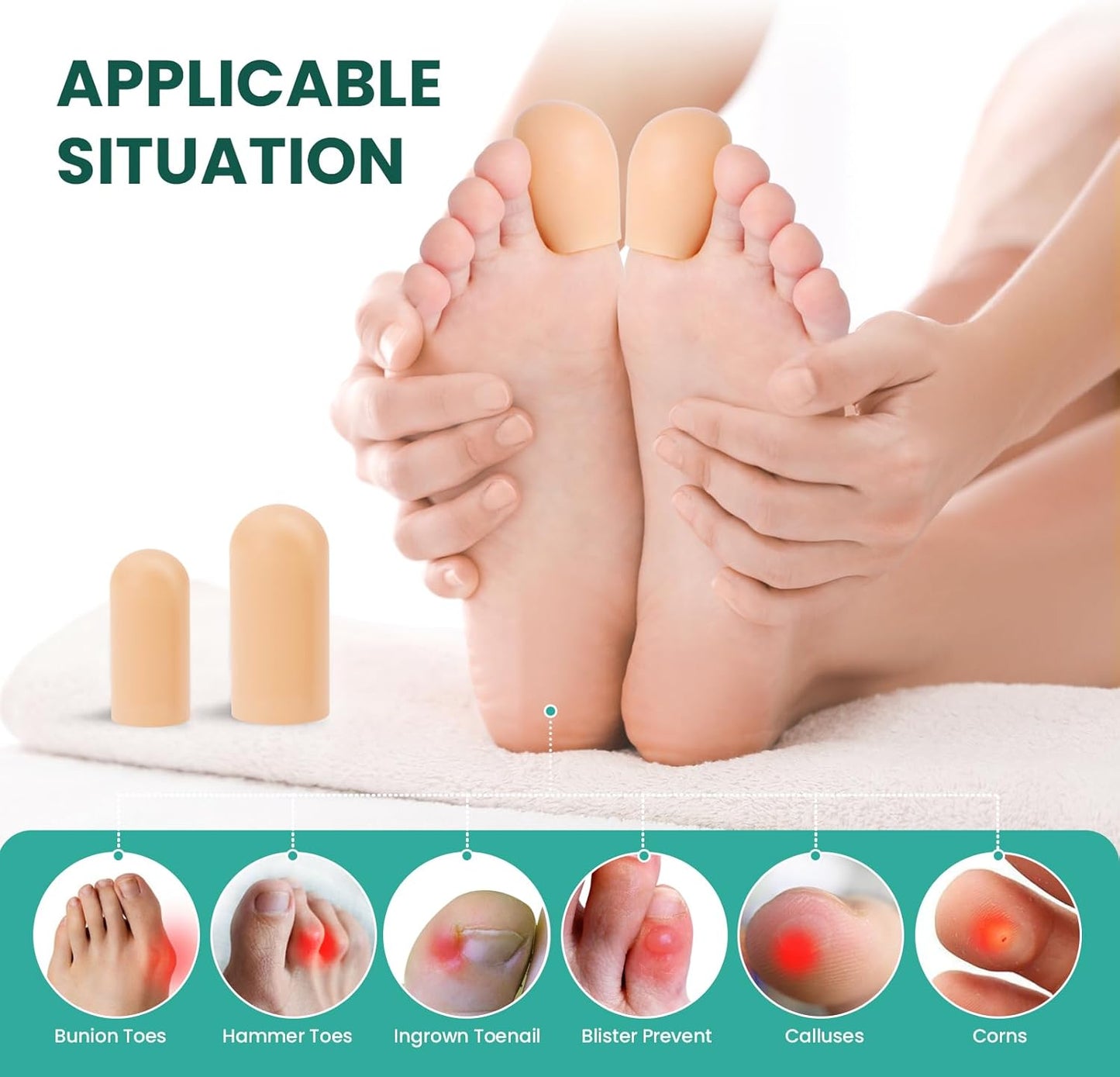 Welnove Gel Toe Cap and Protector - Silicone Toe Covers - Toe Cushions for Pain Relief, Missing or Ingrown Toenails, Corns, Calluses, Blisters (4 Large + 8 Medium, Beige), FSA or HSA Eligible