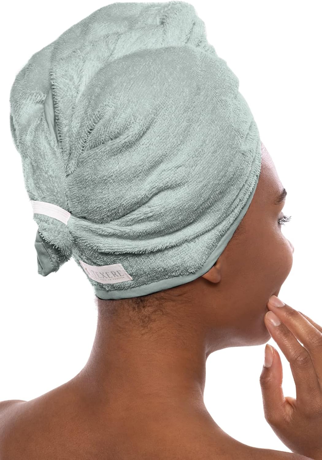 Texere Women's Rayon and Cotton Terry Spa Hair Towel - Fast Drying, Absorbent Hair Wrap Twist Turban for Long, Thick, and Curly Hair (Tya, Lily Green, U)