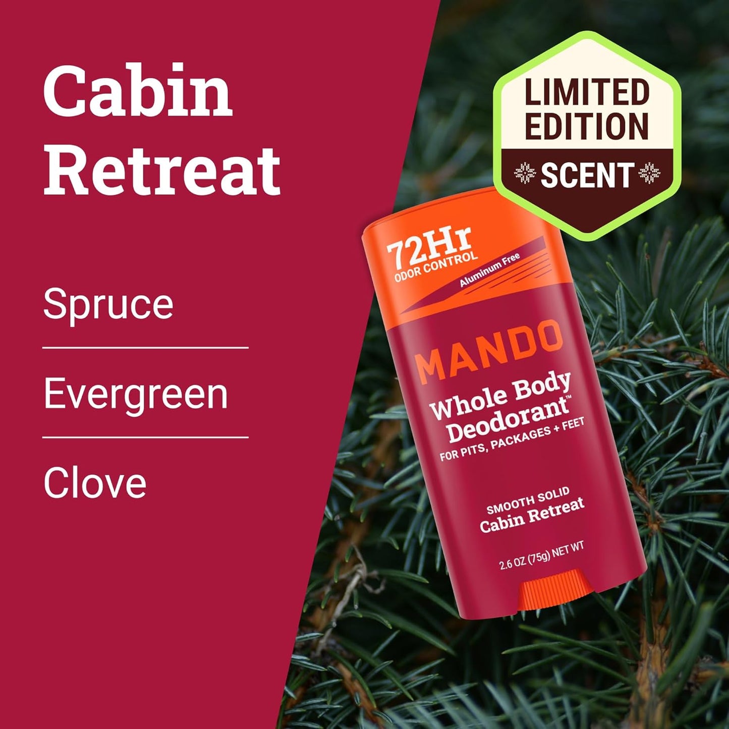 Mando Whole Body Deodorant For Men - Smooth Solid Stick - 72 Hour Odor Control - Aluminum Free, Baking Soda Free, Skin Safe - 2.6 Ounce (Pack of 2) - Cabin Retreat Limited Edition Scent