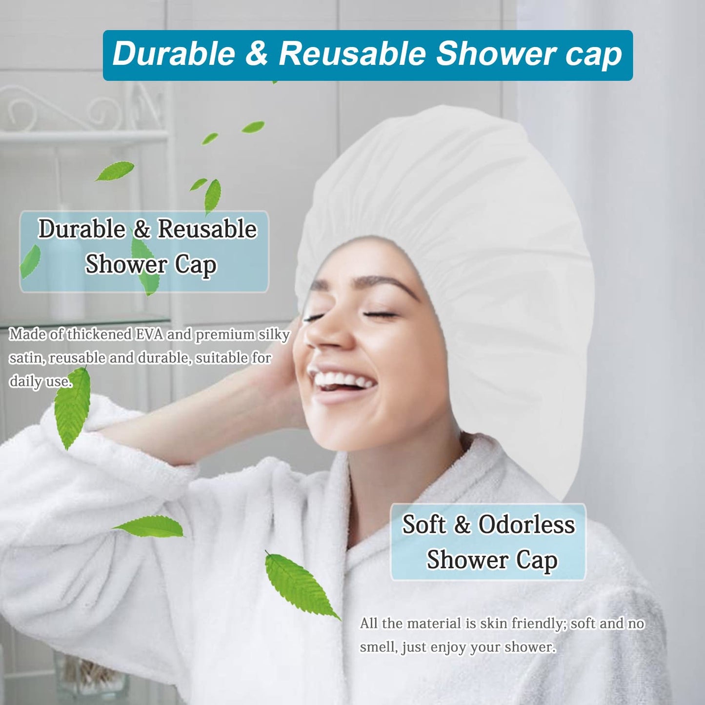 3 Pcs Extra Large Shower Caps for Women, Waterproof Adjustable XL Jumbo Satin Lined Shower Cap for Long Hair & Braids, Reusable Double Layer Large Bath Cap for Dreadlocks, Locs (White)