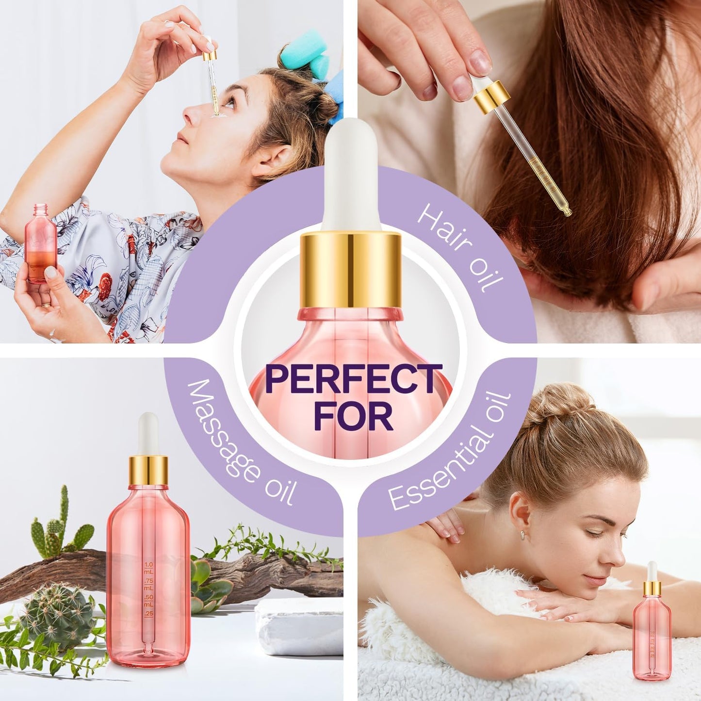 Bumobum 2 Pack, 100ml Pink Glass Dropper Bottle- 3.4 oz Glass Tincture Bottles with 1 Funnel & 1 Pipette & 4 Labels, Leakproof Eye Dropper for Oils, Liquids