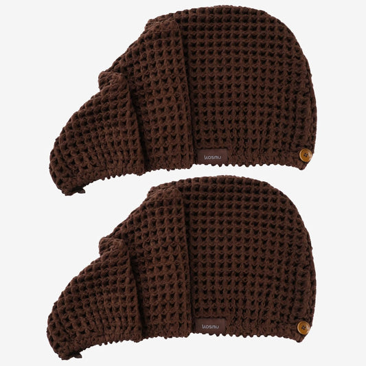 Hair Towel | 100% Cotton Silk Hair-Drying Waffle Wrap Turban for Women, Ultra-Absorbent, Anti Frizz, Hair Damage Protection for Straight and Curly Hair (Dark Cocoa, 2 Pack)