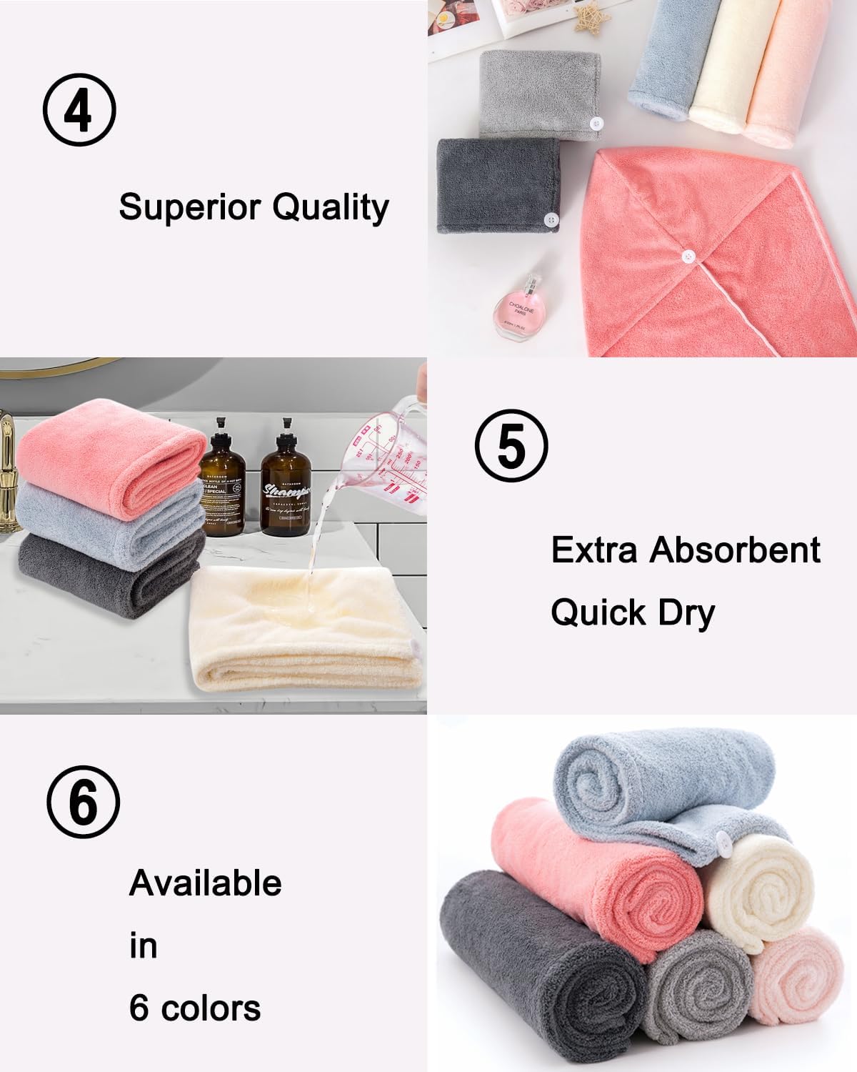 Hair Towel Wrap 4 Pack for Women - Microfiber Fast Dry Turban, Anti Frizz Button Design, Lightweight Absorbent Hair Cap for Straight/Curly/Long Hair, 25cm x65cm Travel Towel (4 Colors)