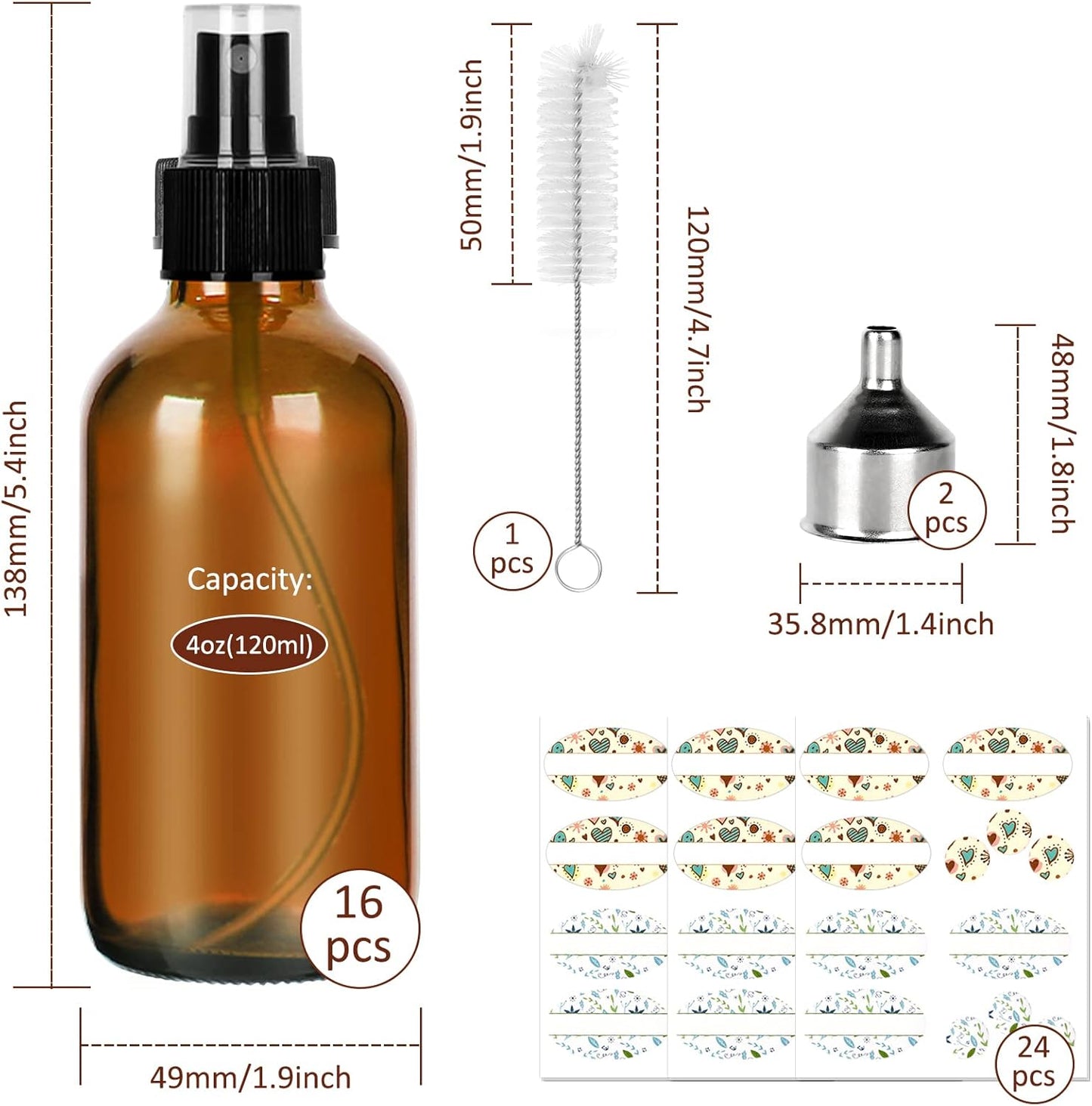 CycleMore 120ml 16Pcs 4oz Amber Glass Spray Bottles with Fine Mist Sprayers, Glass Travel Bottles for Cosmetic Essential Oils Cleaning Solutions Perfumes & More Liquids Ideal for Mother & Friends