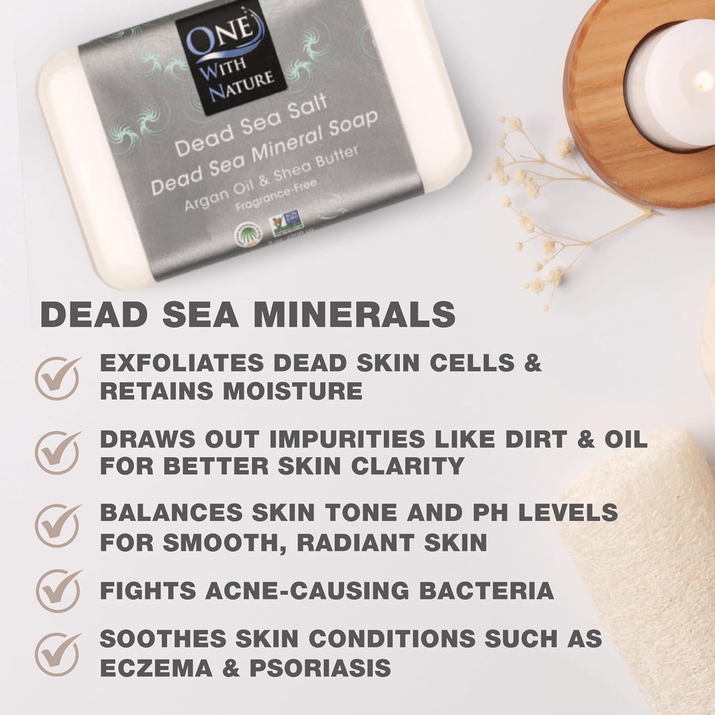 One With Nature Dead Sea Soap 4oz Variety 3Pk-Dead Sea Mud, Activated Charcoal, and Dead Sea Salt-Detoxifying and Exfoliating Soap Bars with Dead Sea Salt for Face & Body, for Men & Women