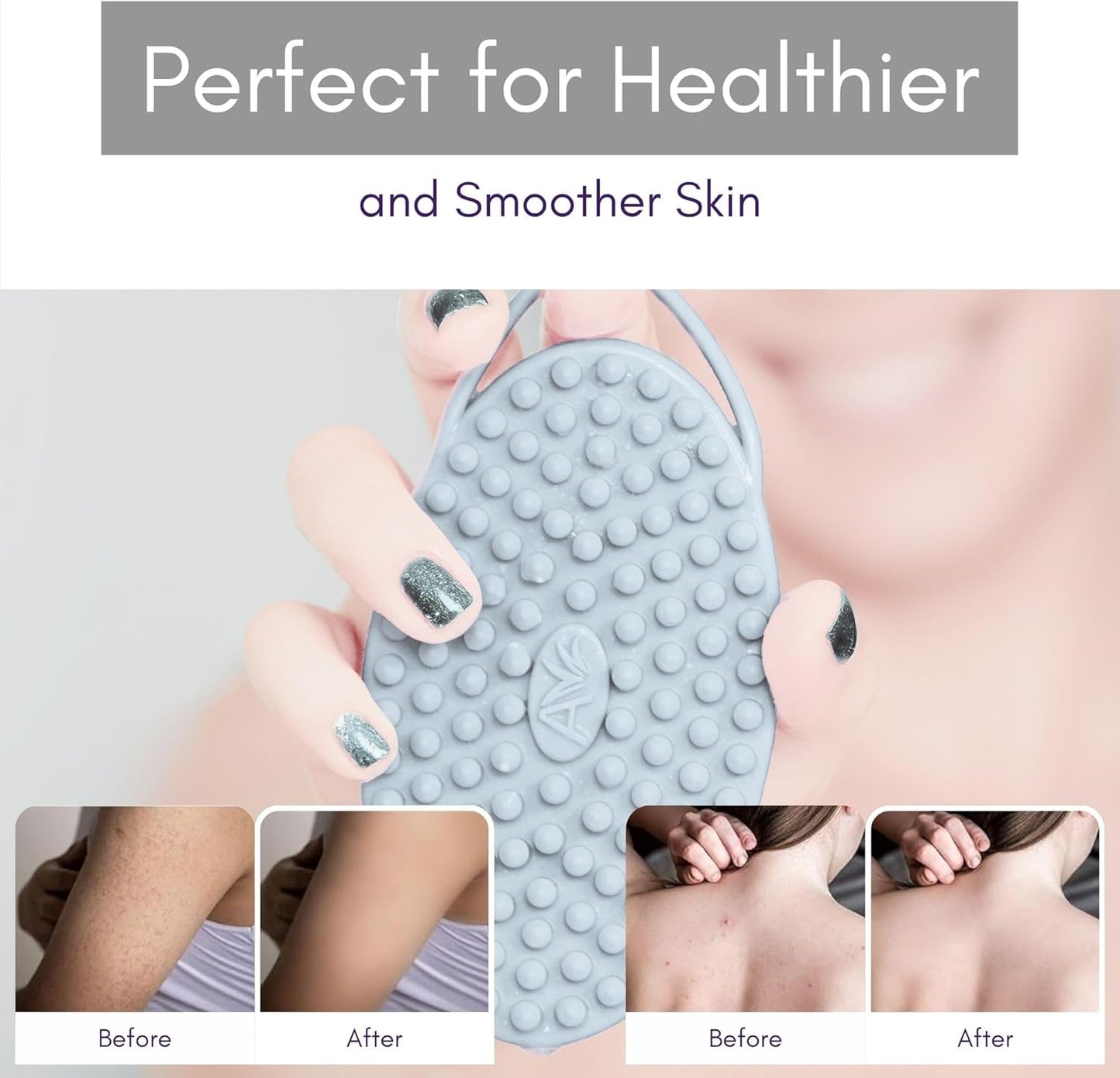 Avilana Silicone Body Scrubber - Food Grade & Lab Tested, Gentle Exfoliating Shower Brush for All Skin Types, Hygienic Quick-Dry Loofah Alternative (Marbled, Massage-Silver)